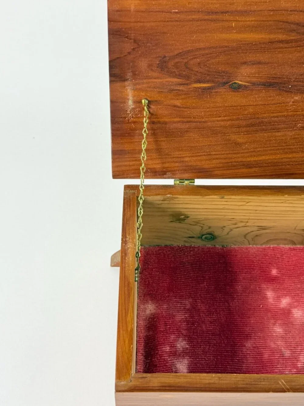 Vintage Wooden Cedar Jewelry Box With Red Velvet Lining Gold Hardware Lock